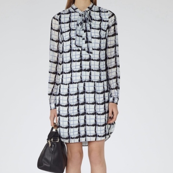 Reiss Miami Tie Neck Long Sleeve Dress size 6 US check windowpane print lined - Picture 1 of 5